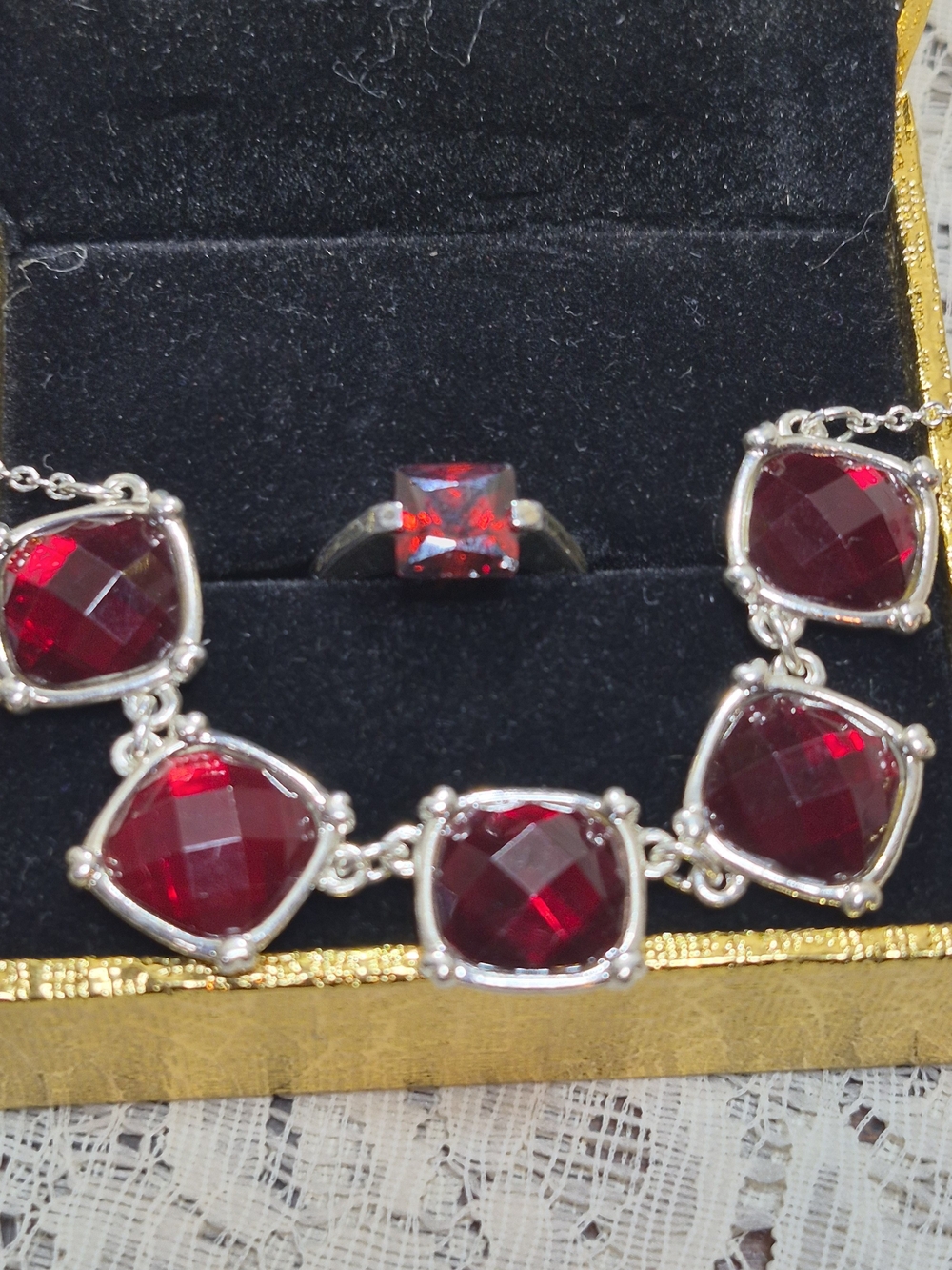 Vintage Deep Red Gemstone Statement Necklace & Ring Set - Size 7